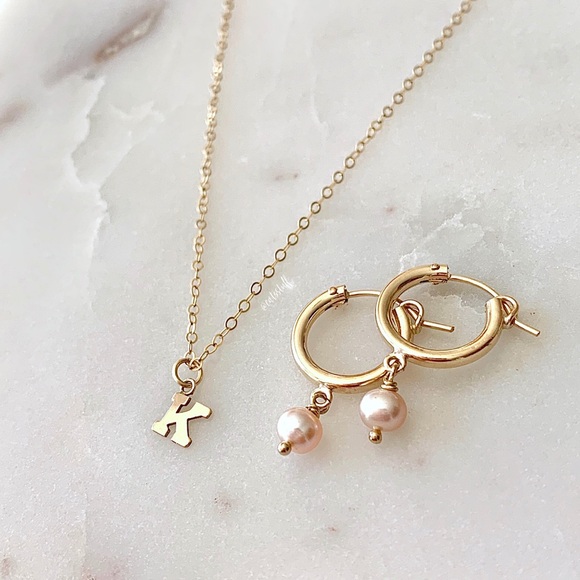 14k Gold Filled Pink Blush Pearl Hoop Huggies - Picture 5 of 5